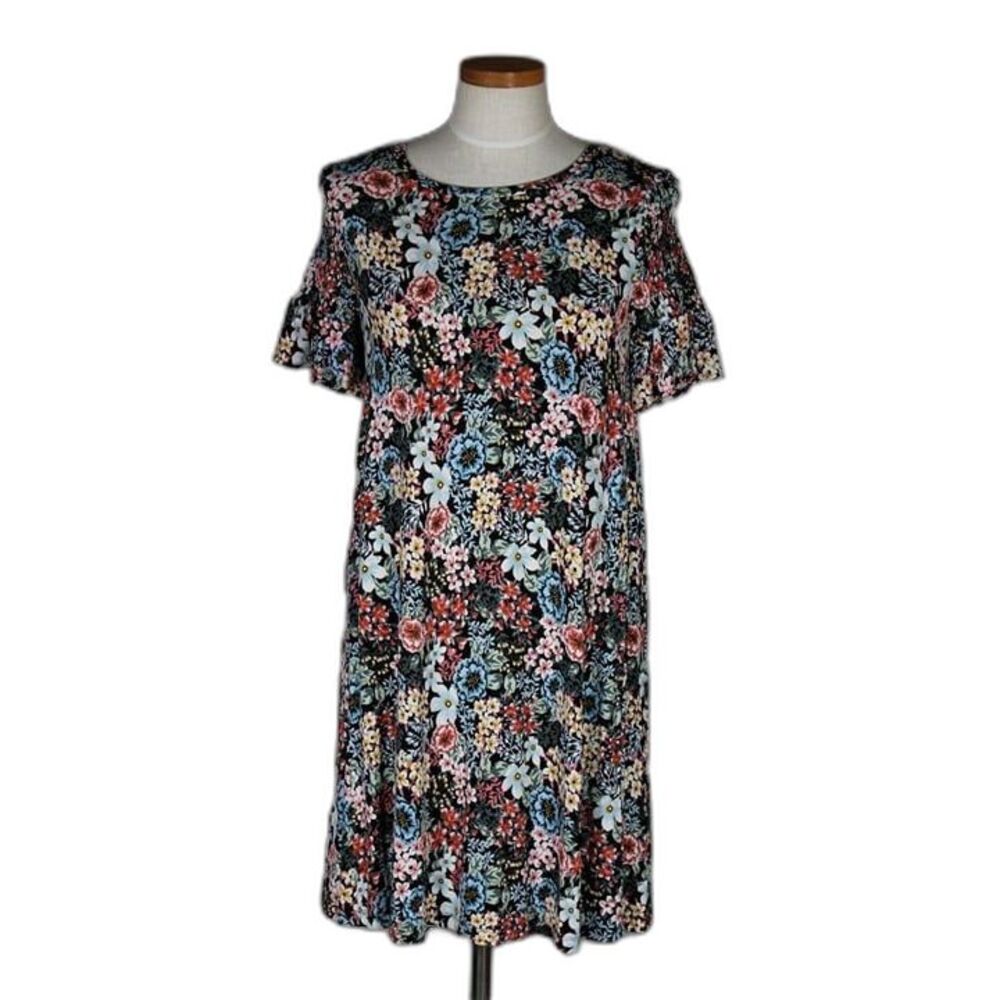 Ann Taylor LOFT Floral Swing Dress SMALL Jersey Knit Short Smocked Sleeve